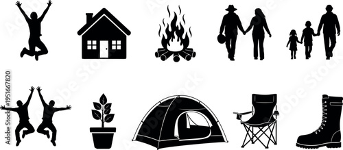 Set of black silhouettes for camping and outdoor activities including tent campfire hiking boots family walking jumping people and house