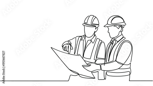 Continuous line drawing of two construction workers reviewing blueprints