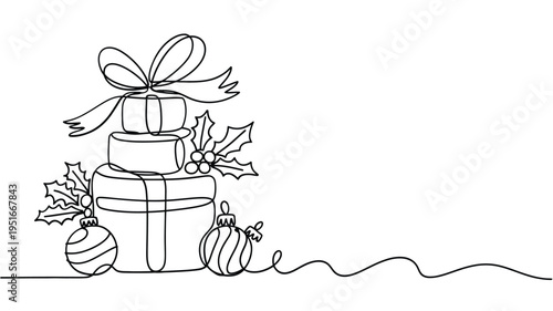 Minimalist line drawing of christmas gifts and festive decorations