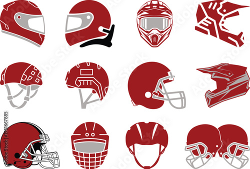 Modern sports and safety helmets icon set in black and red flat style featuring motorcycle, racing, football, baseball and construction helmets. extreme sports and safety themes.