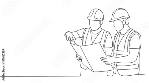 Two construction workers reviewing blueprints in a continuous line drawing