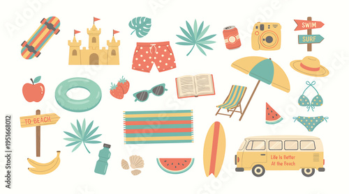 Set of cute summer icons, stickers. Collection of scrapbooking elements for beach party. Weekend and summer time concept. Hand drawn modern items, signs for card, scrapbooking