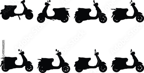 Collection of eight black scooter silhouettes on a white background, showcasing different angles and views.