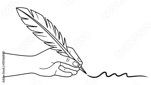 A hand delicately holds a feather quill writing a flowing line