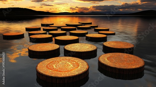 Serene Sunset Over Water with Floating Circular Platforms and Mountainous Horizon