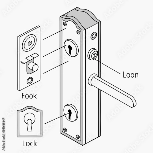 Door lock mechanism exploded view with labels with property security