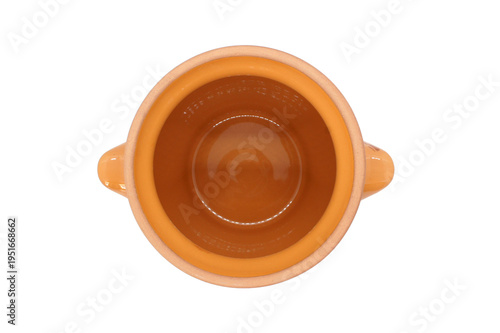 Ceramic empty round baking pot isolated on white background. Top view. Classic Clay pot. Heat-resistant Earthenware. 