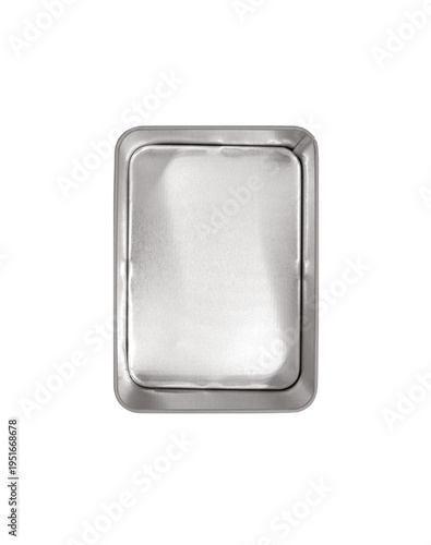 Empty metal box isolated on white background. Silver tin container. Top view. Mockup for design.
