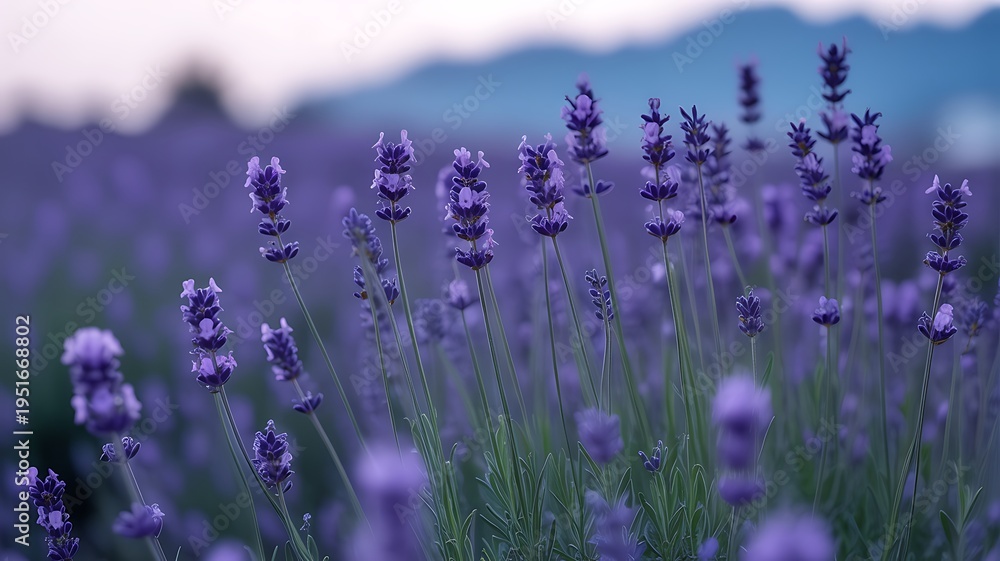 Fototapeta premium Close-up of a vibrant lavender field with a blurred background evoking tranquility and the beauty of the natural world