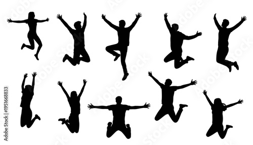 A collection of black silhouettes showing various people jumping with arms and legs spread wide isolated on white background, Vector, illustration