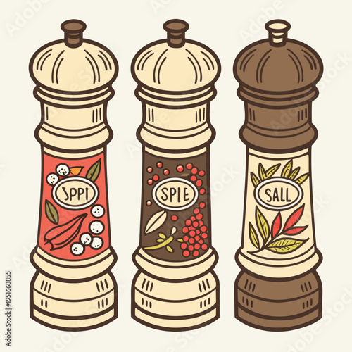 Three spice grinders for pepper and salt with decorative labels