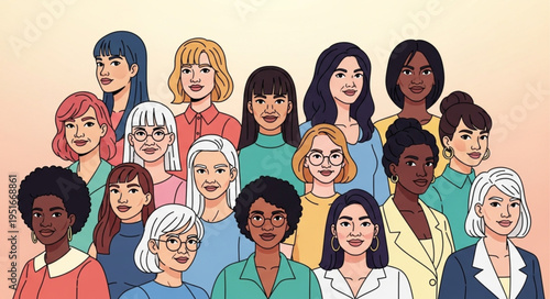 Diverse group of women standing together in a stylized illustration.