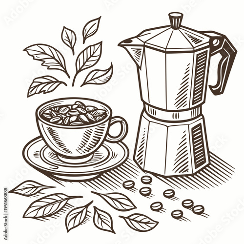 Espresso coffee maker with cup and roasted beans illustration
