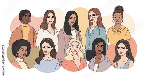 Diverse group of women standing together in a line.