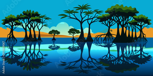 Silhouette of mangrove trees and reflections at low tide, Sumba, East Nusa Tenggar, Indonesia