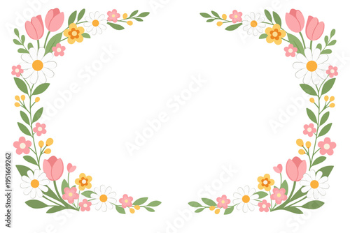 Elegant floral frame vector illustration with blooming spring flowers, tulips, daisies and leaves arranged in symmetrical border composition.