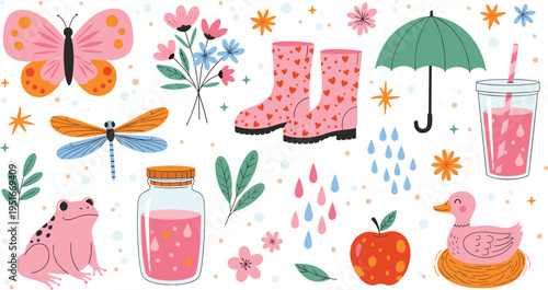 Cute spring elements set with frog umbrella rain boots flowers butterfly and apple cartoon vector illustration