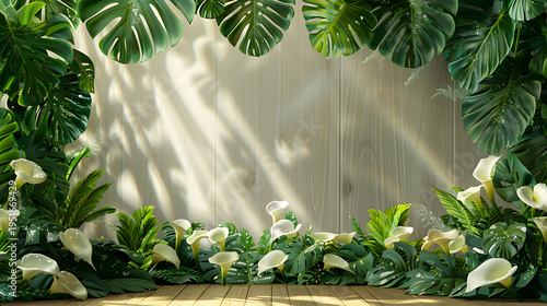 Tropical leaves and white flowers background natural product display mockup with copy space
