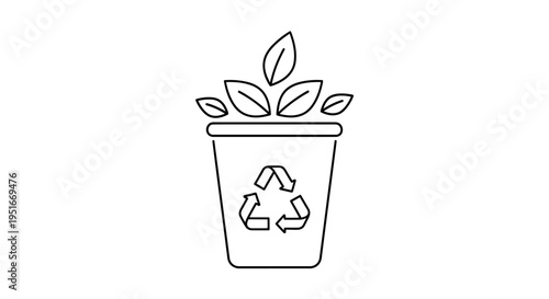 Recycle bin with leaves line icon, eco friendly waste disposal symbol.