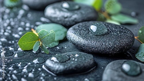 Wet black spa stones with green leaves and water drops, close-up, for relaxation and wellness.