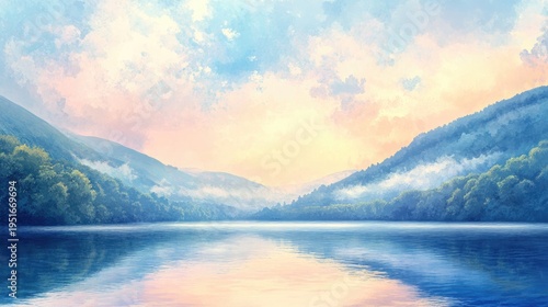 Serene Watercolor Landscape: Misty Mountains, Calm Lake, Pastel Sky, Tranquil Scene.