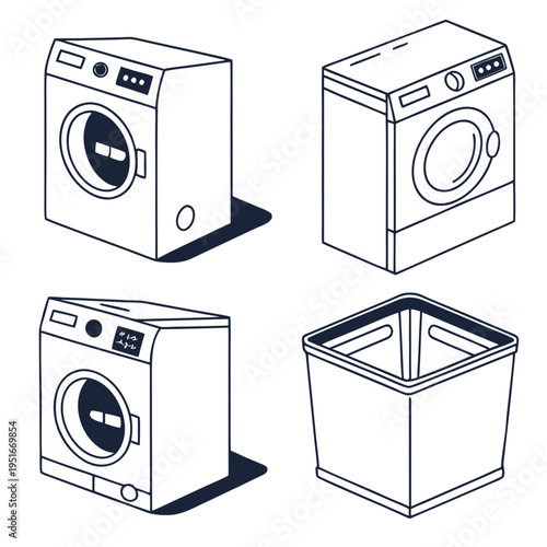 Collection of washing machine icons and a laundry basket for household chores