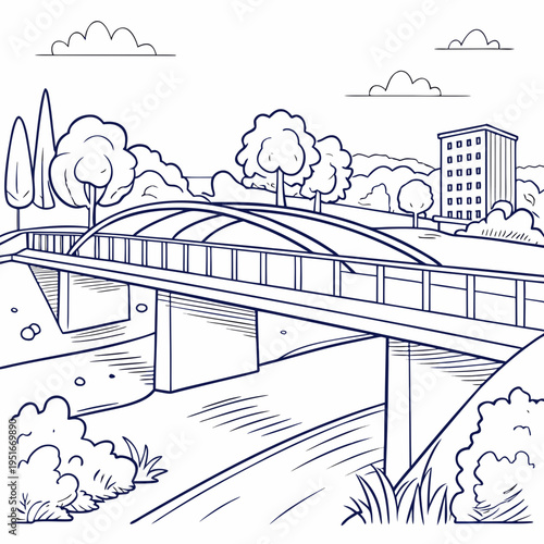 Urban road overpass bridge with lush greenery and city building horizon line