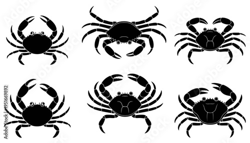 A collection of six distinct black silhouette illustrations representing various species of crab isolated on white background, Vector, illustration