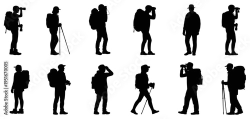A collection of black silhouettes depicting various hikers and travelers with outdoor equipment isolated on white background, Vector, illustration