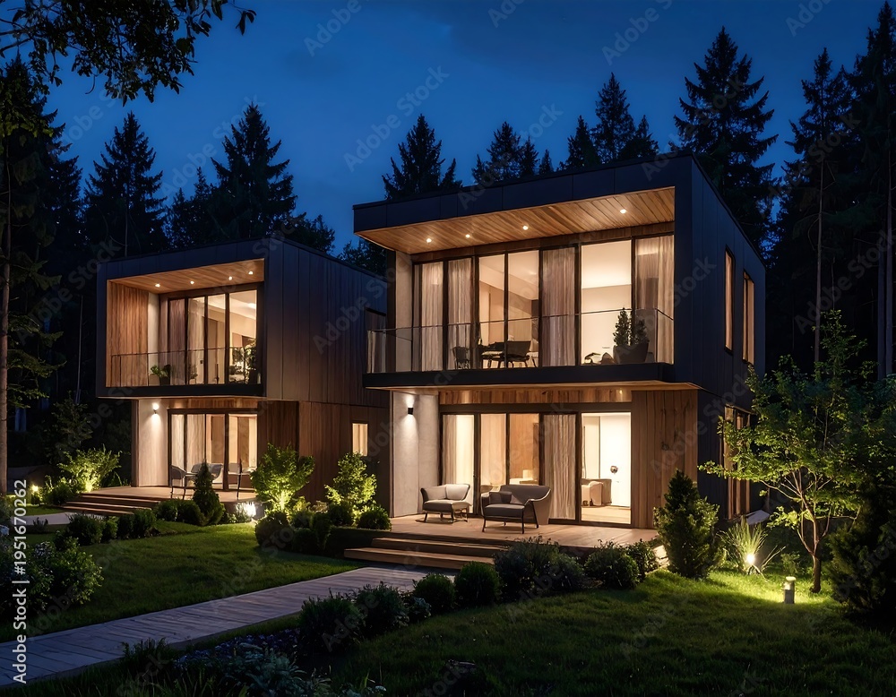 Fototapeta premium Two modern houses with wooden accents nestled in a serene, dark forest landscape