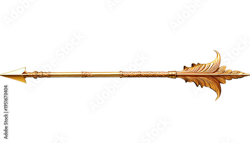 Isolated Decorative Gold Arrow, Sharp Point and Ornate Fletching, Symbolic Weapon Des