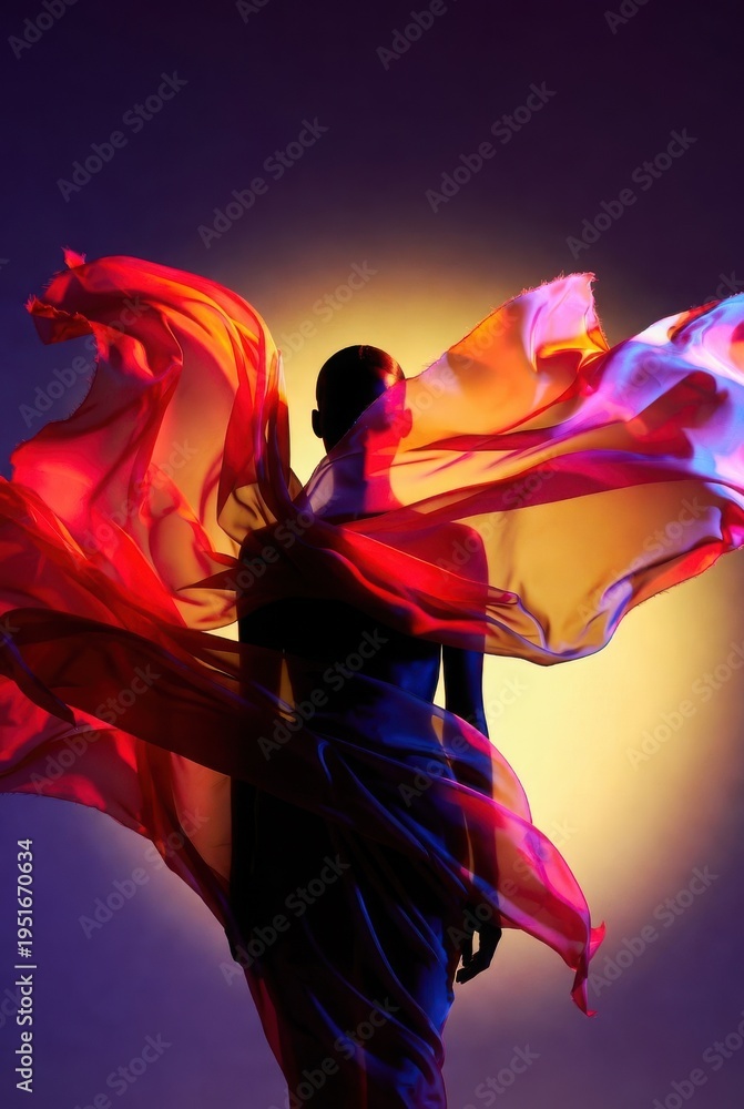 Obraz premium Artistic silhouette of a woman surrounded by flying red silk fabric on a vibrant yellow and purple background, dramatic studio lighting, flowing textile movement, conceptual fashion