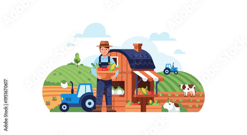Happy Farmer Holding Harvest Basket of Fresh Produce in Front of Farmhouse Barn. Agriculture and Rural Life Concept Flat Vector Illustration.
