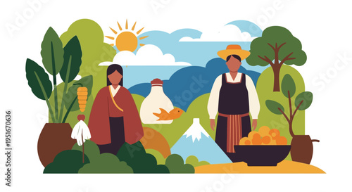 Indigenous Farmers and Sustainable Harvest Illustration in Flat Design. Traditional Food Production and Nature Landscape.