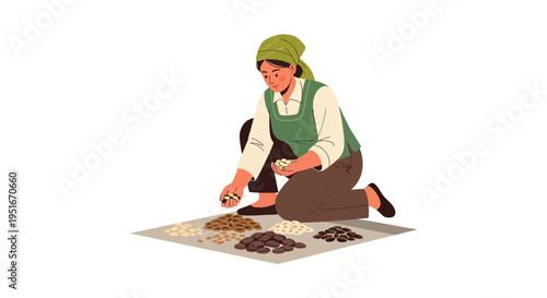 Woman Farmer Sorting Beans and Seeds: Agricultural Quality Control and Inspection. Flat Vector Illustration.
