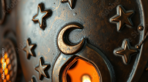 Macro Close Up of Traditional Islamic Bronze Lantern with Crescent Moon and Star Carvings and Warm Glowing Light