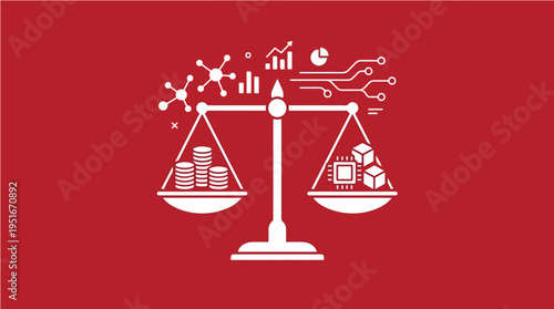 Digital Economy Balance Scale Comparing Financial Coins and Data Chips in Technology Driven Markets – Vector Illustration