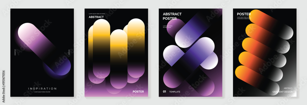Fototapeta premium Black abstract gradient cover vector with purple and orange capsule forms and glossy depth. Modern futuristic poster design for branding, packaging, and creative editorial layouts.