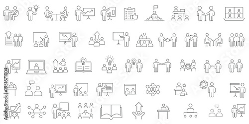 Capacity building line editable icon set. Contain icons related to training, skill, knowledge, growth, seminar, networking, leadership, and more. Editable stroke. Vector illustration
