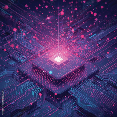 Isometric perspective of a dynamic cyber defense system activating in real time, streams of encrypted data rapidly forming a protective energy field around a decentralized digital core, fragmented dat
