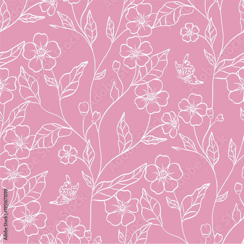 Vector seamless pattern with flowers, buds and leaves and butterflies on pink background. Linear style.