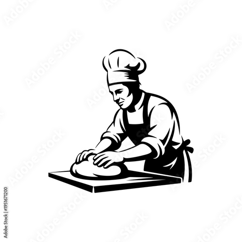 A black and white vector illustration of a professional baker kneading dough. This clean, minimalist silhouette is perfect for bakery, pastry shop, and culinary logos.
