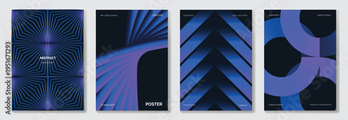 Blue and cyan abstract gradient poster vector with bold geometric shapes and optical lines. Contemporary modern cover design for branding, social media, and wall art prints.
