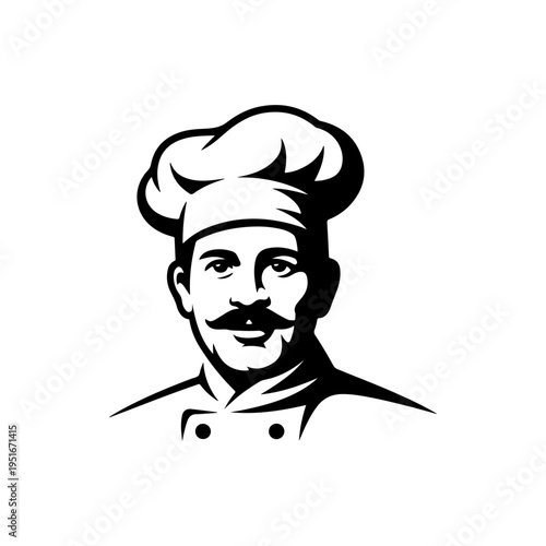 A black and white vector portrait of a professional chef with a mustache, wearing a traditional toque and double-breasted jacket. A clean, classic culinary mascot.