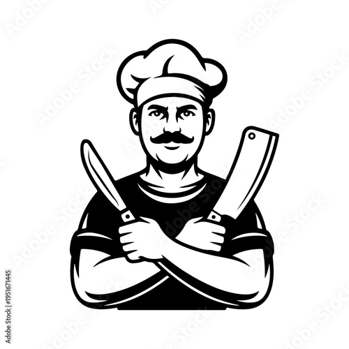 A black and white vector illustration of a smiling chef with a mustache, wearing a toque and holding a crossed knife and meat cleaver. A friendly mascot for restaurants.