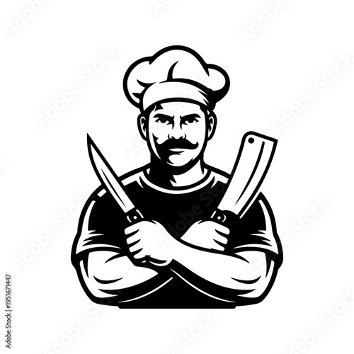 A black and white vector illustration of a smiling chef with a mustache, wearing a toque and holding a crossed knife and meat cleaver. A friendly mascot for restaurants.