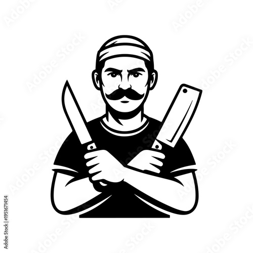 A black and white vector illustration of a smiling chef with a mustache, wearing a toque and holding a crossed knife and meat cleaver. A friendly mascot for restaurants.