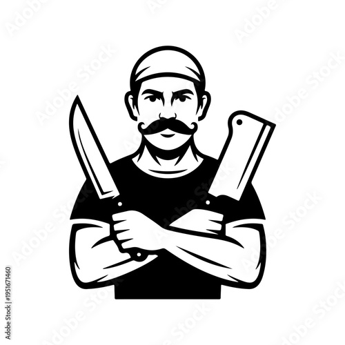 A black and white vector illustration of a smiling chef with a mustache, wearing a toque and holding a crossed knife and meat cleaver. A friendly mascot for restaurants.