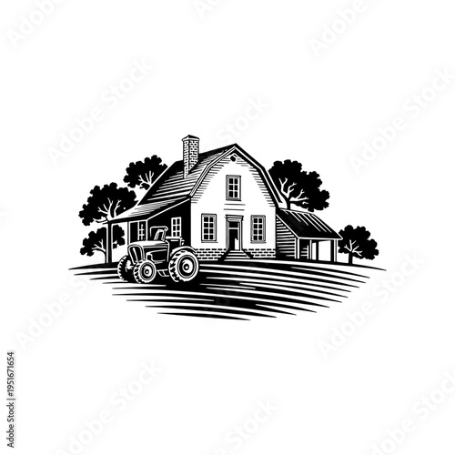 A black and white vector illustration of a traditional farmhouse and tractor in a rural landscape. A clean, classic scene representing agriculture and country living.