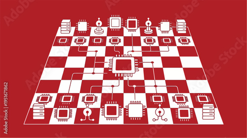 Digital Strategy Planning with Microchip Chess Pieces Representing Technology Driven Business Decisions – Vector Illustration
